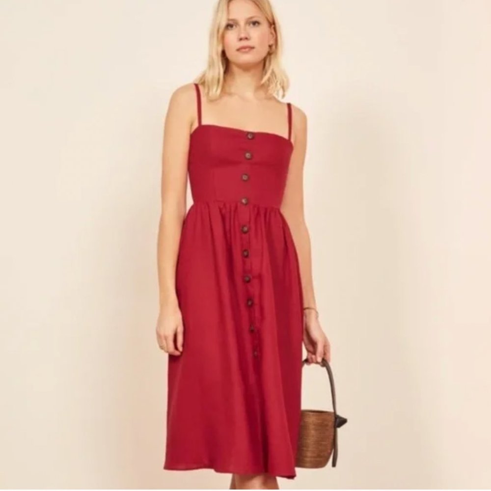 Reformation Tori Cherry Red Linen Button Up Midi Dress
